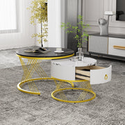 Set di 2 tavolini da caffè impilabili effetto marmo con cassetto; MDF e metallo; nero