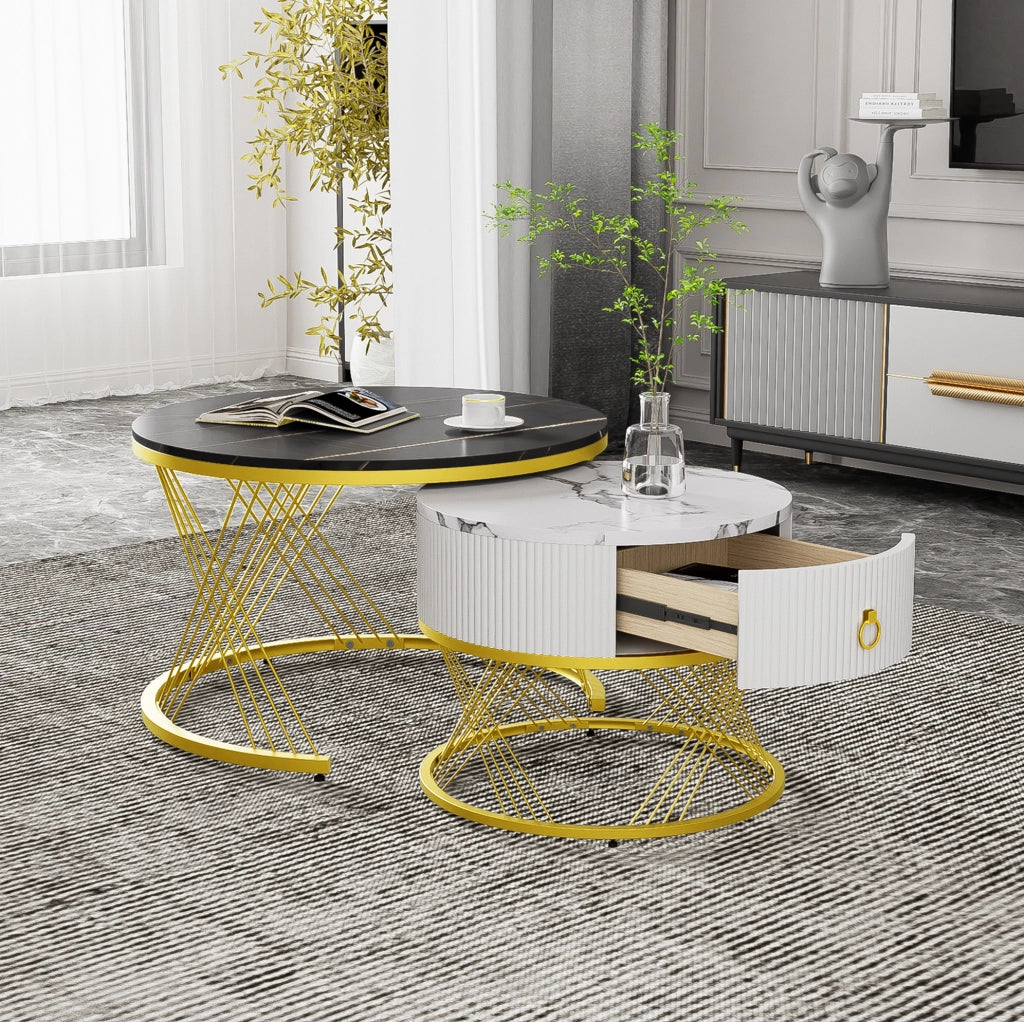 Set di 2 tavolini da caffè impilabili effetto marmo con cassetto; MDF e metallo; nero