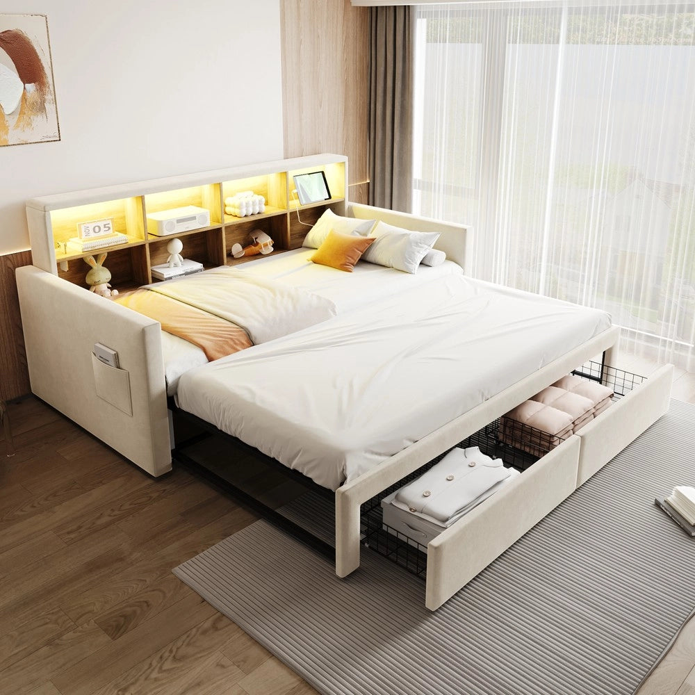Letto Imbottito Estraibile con LED, Cassetti e Testiera Contenitore ¨C Xylo ¨C Velluto Beige 90x190/180x190