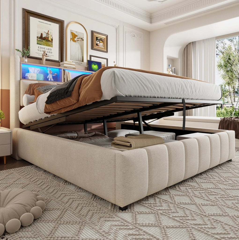 Letto imbottito 180x200 cm con LED e contenitore; lino; beige