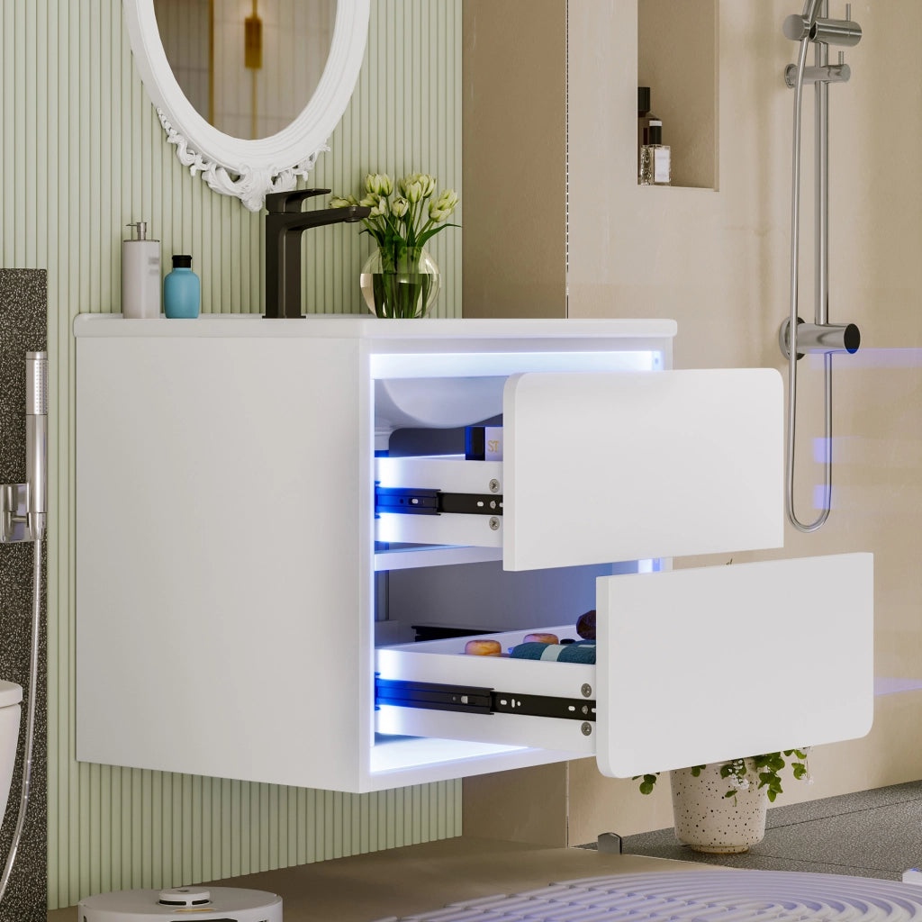 Mobile sottolavabo da bagno con lavabo in ceramica, 2 cassetti, LED con sensore radar, per bagno, bianco 60 × 46 × 50 cm