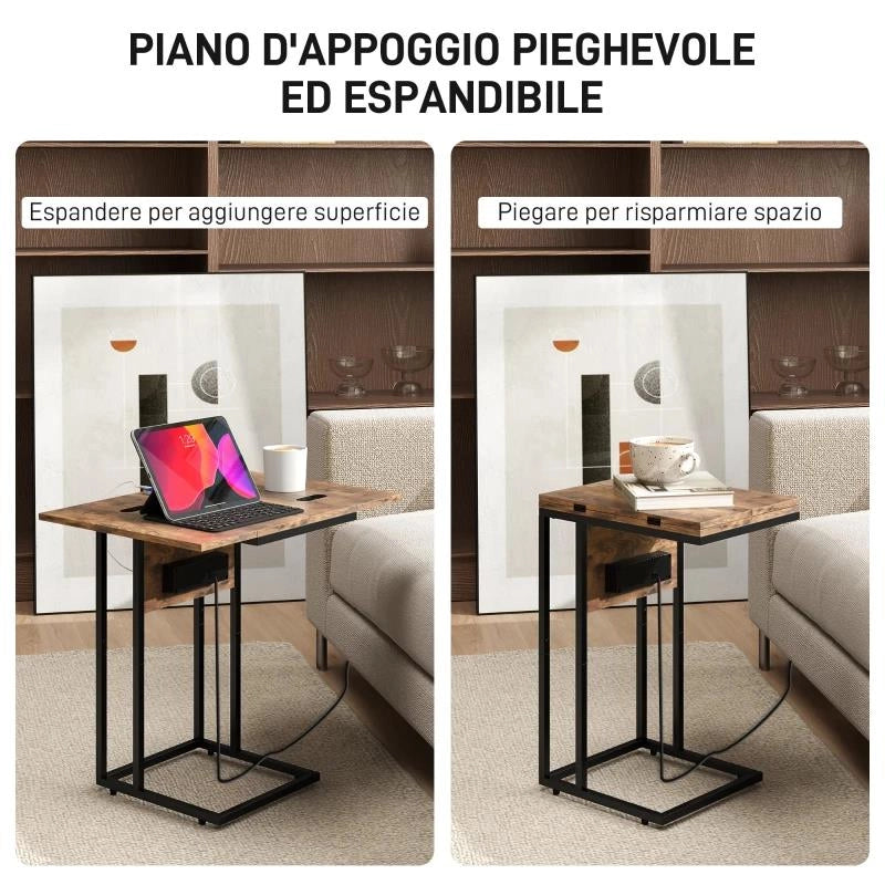 TAVOLINO DA SALOTTO A C ESPANDIBILE CON 2 STAZIONI DI RICARICA, IN LEGNO E METALLO, 39X29X57 CM, NERO E MARRONE