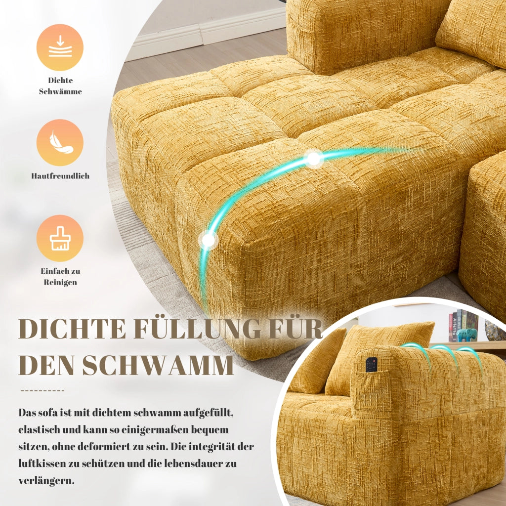 OKWISH Divano ad Angolo 3 Posti, Modulare con Chaise Longue e Tasche Laterali, Ciniglia, Giallo, 250 × 158 × 60 cm