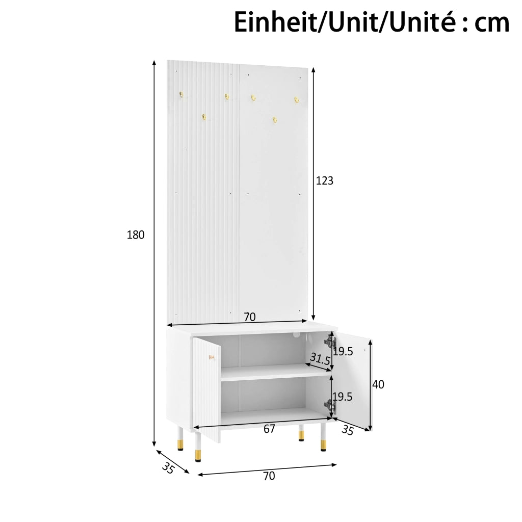 Mobile ingresso con scarpiera e 6 ganci; 2 ante; ripiano regolabile; per ingresso; bianco; 70 × 35 × 180 cm