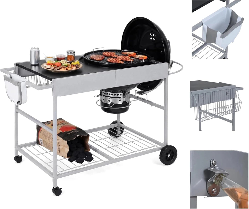 Carrello Barbecue da Esterno in Metallo, Carrello da Cucina con Ampio Piano, Griglia, Porta Spezie, Portarotolo, per Sacchetti e Apribottiglie per Campeggio, Giardino, 141 x 62 x 80 cm