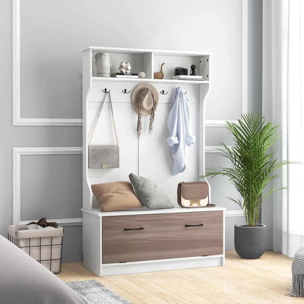 Appendiabiti con Panca da Scarpe, Armadio con Panca Portaoggetti e 5 Ganci e Scomparti, Mobile d'Ingresso Moderno per Corridoio, Camera da Letto, 100x40x160 cm (Bianco)