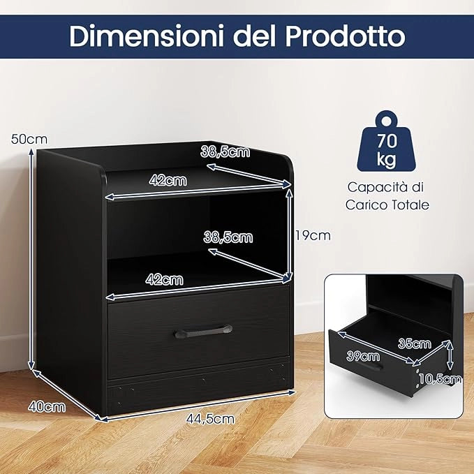 Comodino a 3 Livelli, Tavolino da Notte con Mensola Aperta e Cassetto Estraibile, Tavolino da Salotto con Luce, Telecomando, 44,5 x 40 x 50 cm, per Soggiorno e Camera da Letto