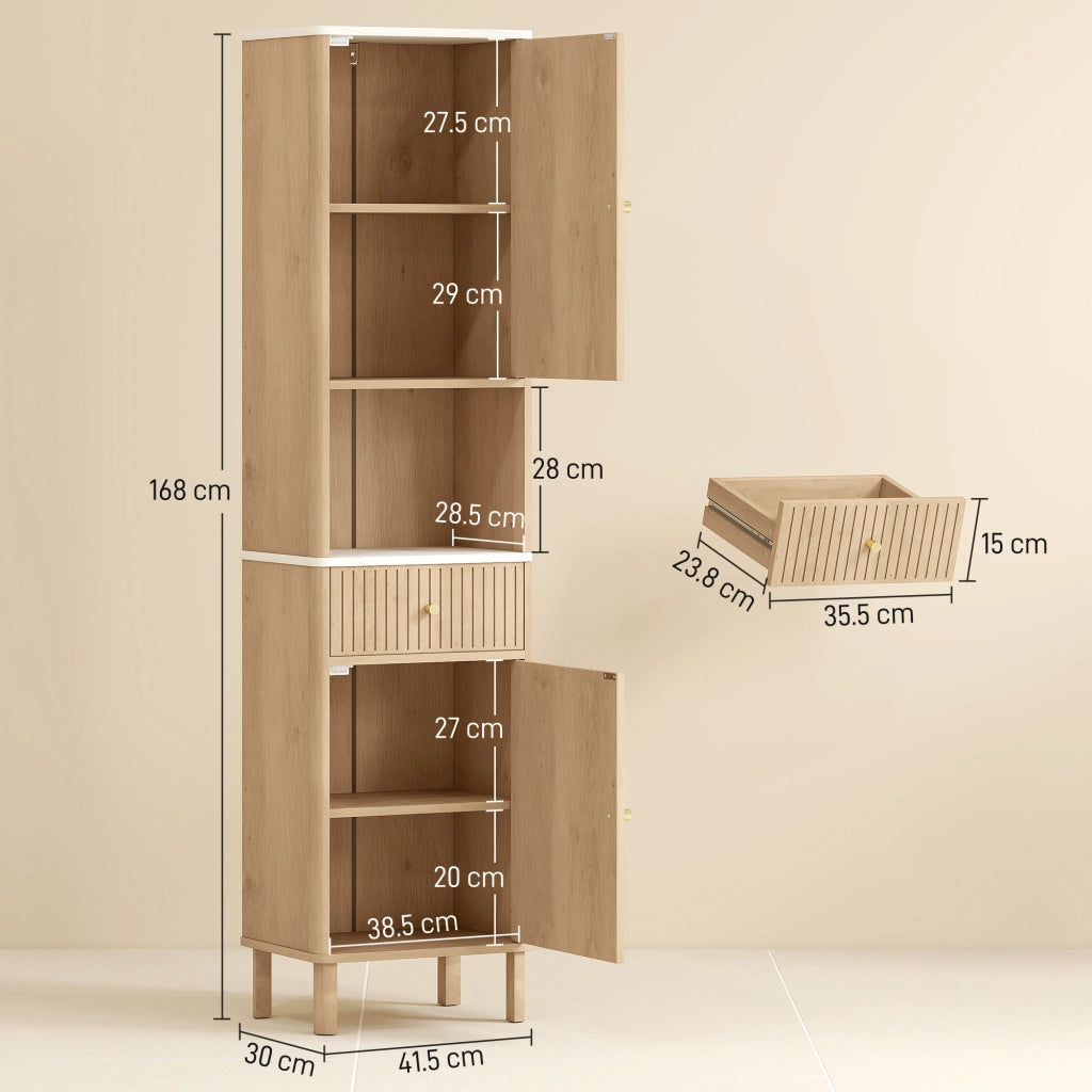 Mobile a Colonna Bagno 41,5x30x168 cm con  Ripiano Effetto Marmo e Ante Decorate in MDF Rovere