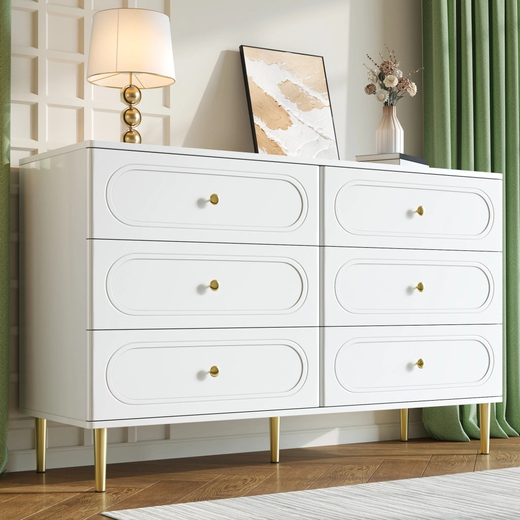 Credenza con 6 cassetti e dettagli ovali, piedi in metallo, per soggiorno e ingresso, bianco, 120 × 40 × 75 cm