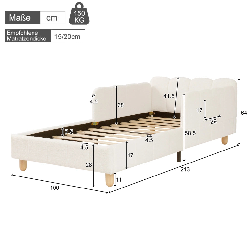 Letto per bambini in tessuto boucl¨¦ beige con testiera imbottita e braccioli