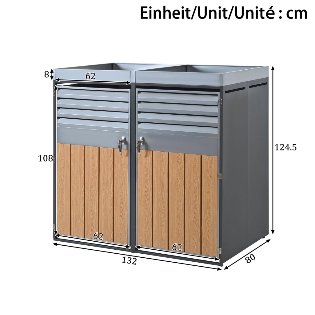 Mülltonnenschrank con fioriera integrata; 4 scomparti; acciaio zincato grigio e effetto legno