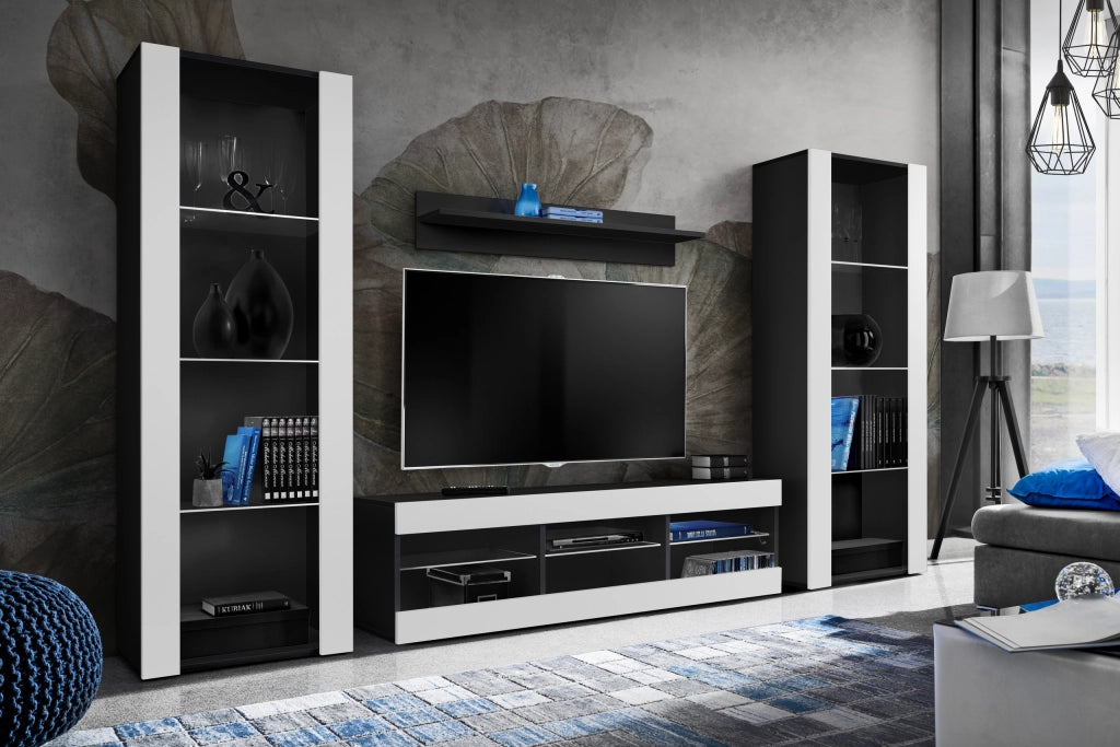 Set di mobili porta TV Tivoli Grande, Komodee, Nero Bianco, Senza LED, Larghezza 250 cm x Altezza 159 cm x Profondità 35 cm, Per soggiorno, Camera da letto