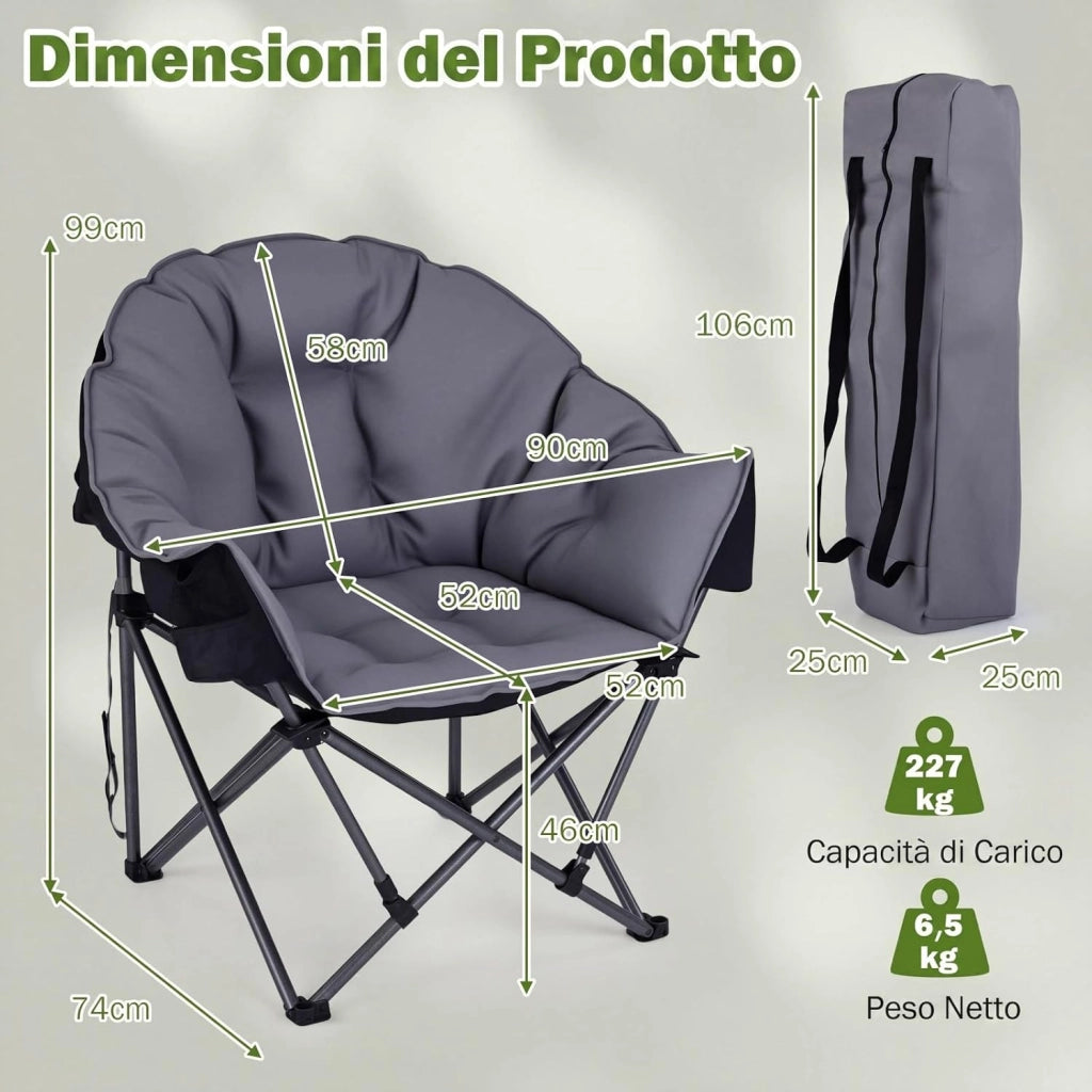 Sedia da Campeggio Pieghevole, Sedia da Pesca Portatile con Braccioli, Portabicchieri e Borsa da Trasporto, Portata 227 kg, per Esterno, per Picnic e Spiaggia, 74x90x99 cm (Grigio)