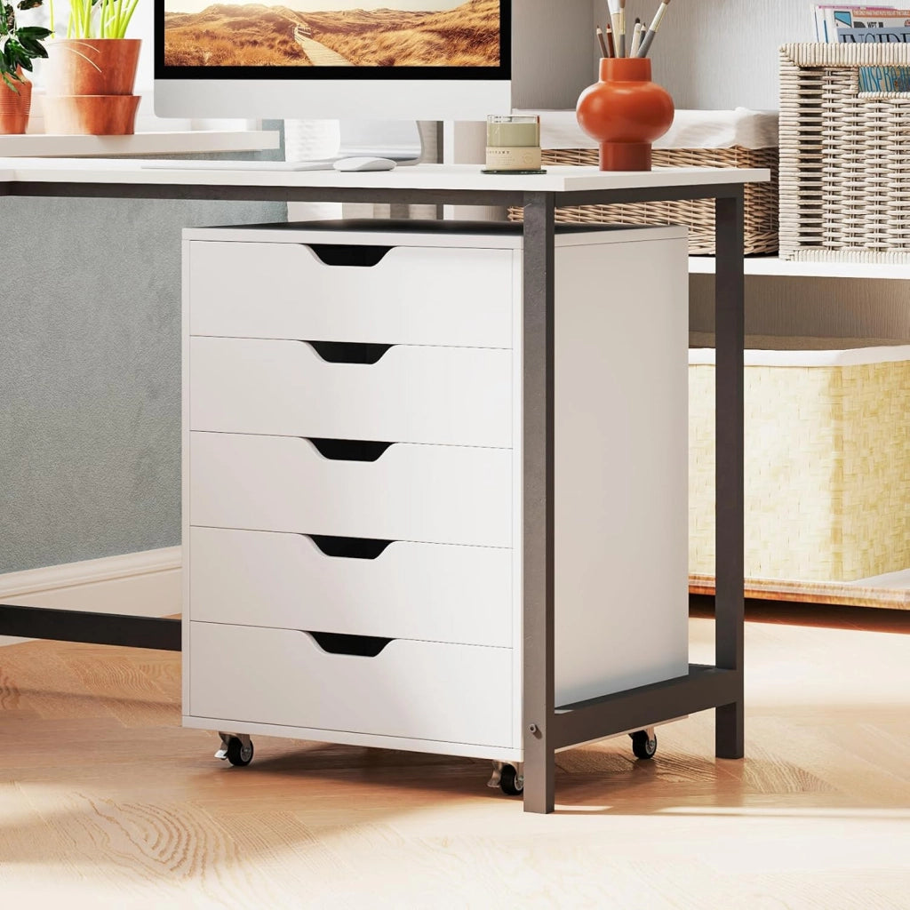 Cassettiera da Ufficio con 5 Cassetti e Ruote, Mobiletto Multiuso per Documenti e Cosmetici, Comodino con Ruote per Camera da letto, Studio, Ufficio e Soggiorno (Bianco)
