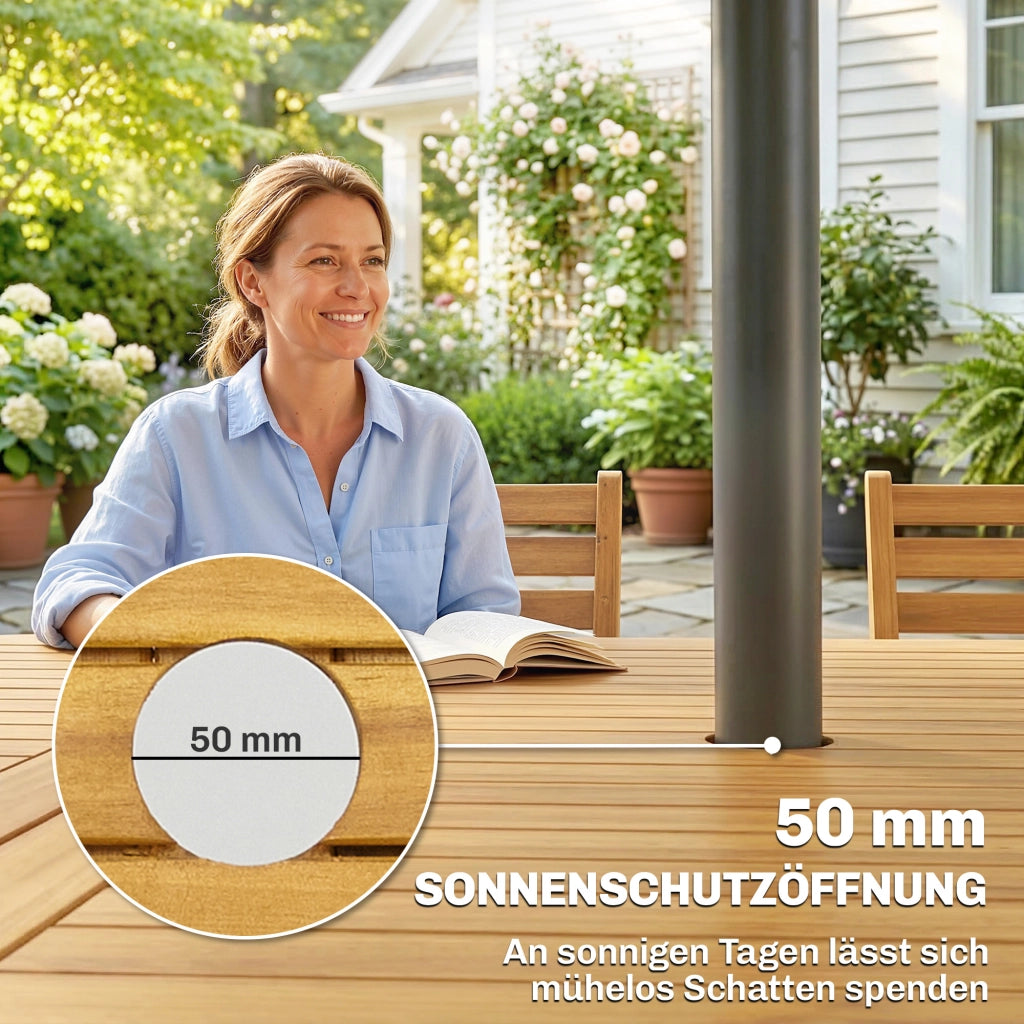 Set di mobili da giardino FSC Set da seda in legno Tavolo pieghevole in 7 pezzi con 6 sedie pieghevoli Design a stecche con foro per ombrello