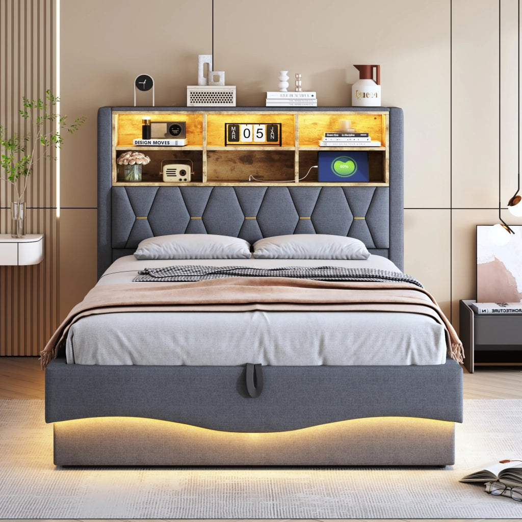 LETTO Contenitore 140x200 cm Grigio con LED, USB e struttura in metallo