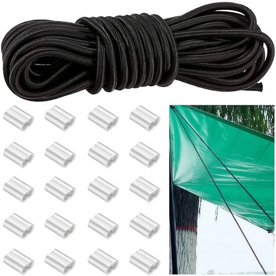 Corda in gomma 8 mm x 10 m - Corda elastica - Cavo di tensionamento con 20 morsetti in alluminio - Duraturo - Resistente all'usura - Per tenda da campeggio