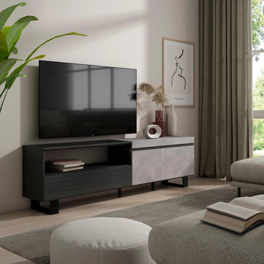 Mobile TV, 200x35x57cm, soggiorno, Per TV fino a 80", Design industriale, grigio cemento RF2233