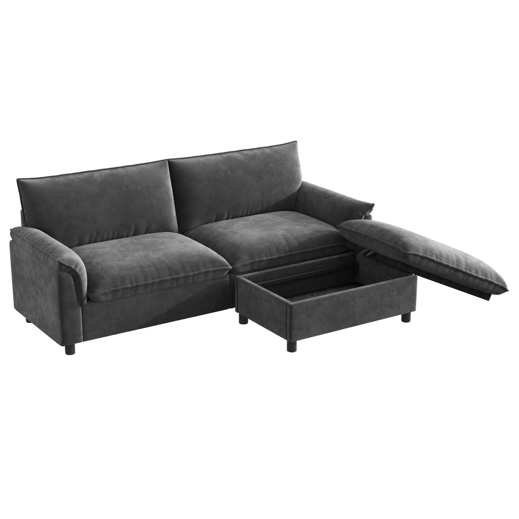 Divano componibile 216x77x82 cm con pouf contenitore trasformabile in letto in ciniglia grigio