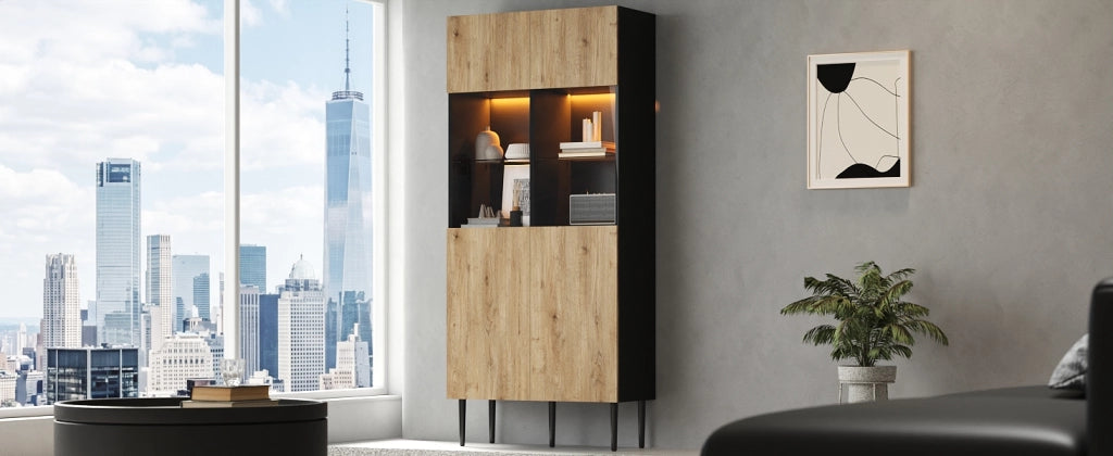 Credenza e madia con 2 ante in vetro temperato, 10 vani, LED, per soggiorno, nero e legno naturale, 80 × 35 × 180 cm