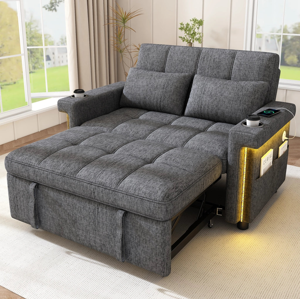 Divano letto 2 posti con LED; USB e Type-C; schienale regolabile; ciniglia grigio