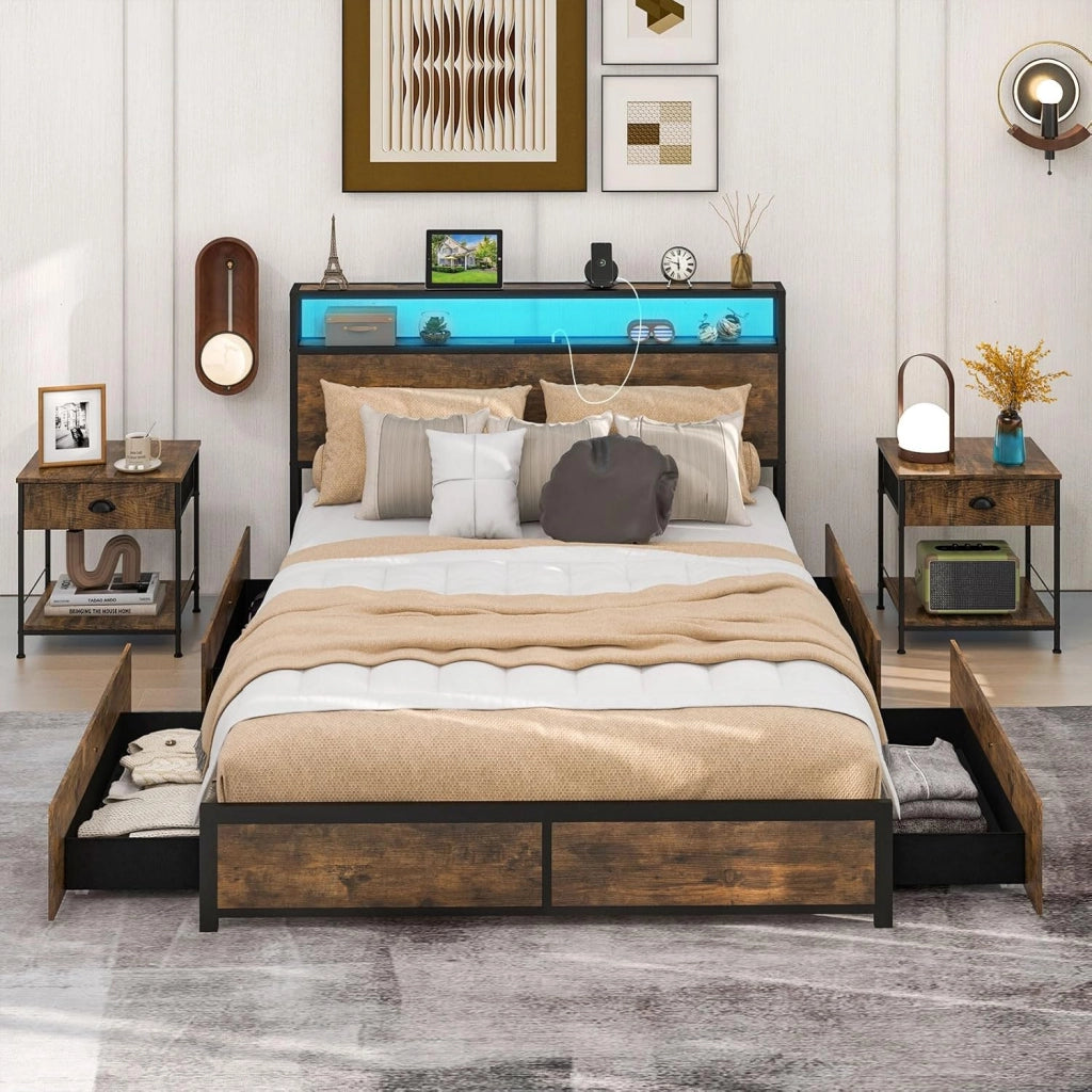 Struttura letto 160 x 200 cm con LED, telaio in metallo, letto con stazione di ricarica, letto per armadio, 4 cassetti da pavimento, letto matrimoniale con testiera e rete a doghe, telaio del