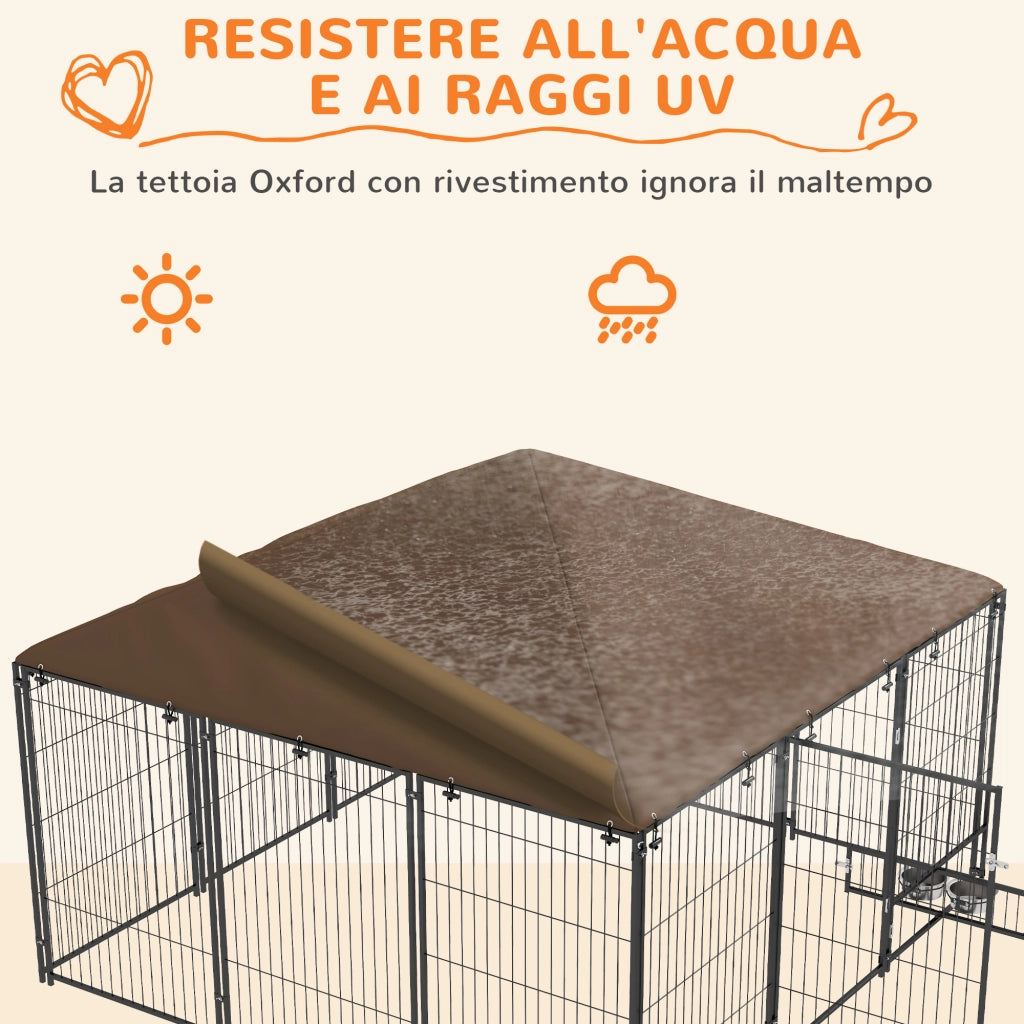 Recinto per Cani in Metallo e Tessuto Oxford con Porticina per Ciotole, 211x211x151 cm, Nero e Marrone