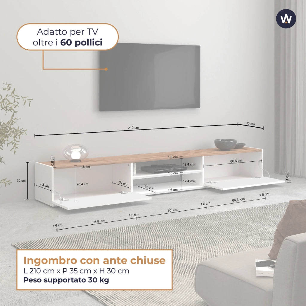 WHOUS Mobile porta tv Garda 2 ante e 1 ripiano centrale bianco lucido e rovere 210x35x30 cm