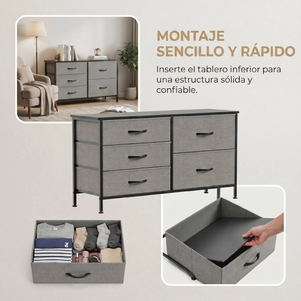 Cassettiera 5 Cassetti Tessuto Grigio Nero ¨C Zephmum ¨C Acciaio 60x40x138