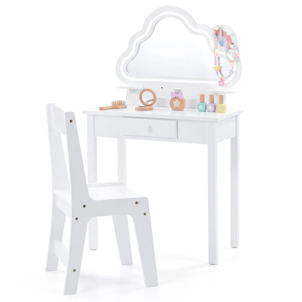 Toeletta trucco con sgabello specchiera con luci led a forma di nuvola, Set postazione trucco in legno con cassetto e ganci Bianco