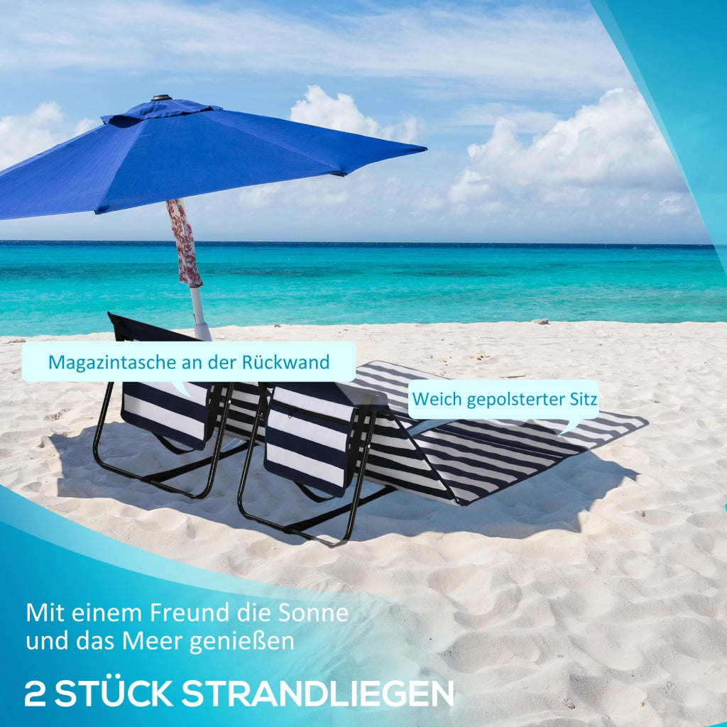 Set di 2 tappetini da spiaggia pieghevoli regolabili con borsa per il trasporto e tasca portariviste blu.