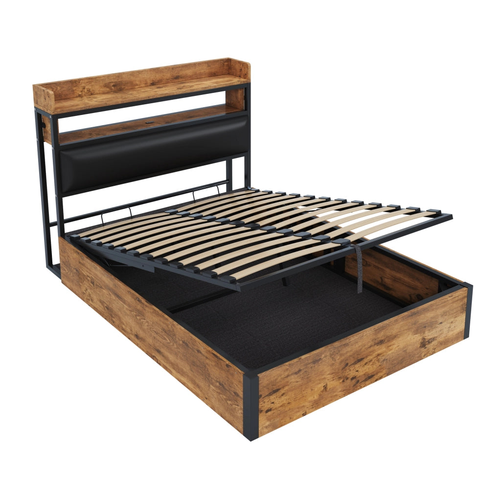 OKWISH Letto contenitore 140×200 cm, Letto Matrimoniale con Vano Contenitore, USB, Testiera Imbottita e Mensole, senza Materasso, Nero