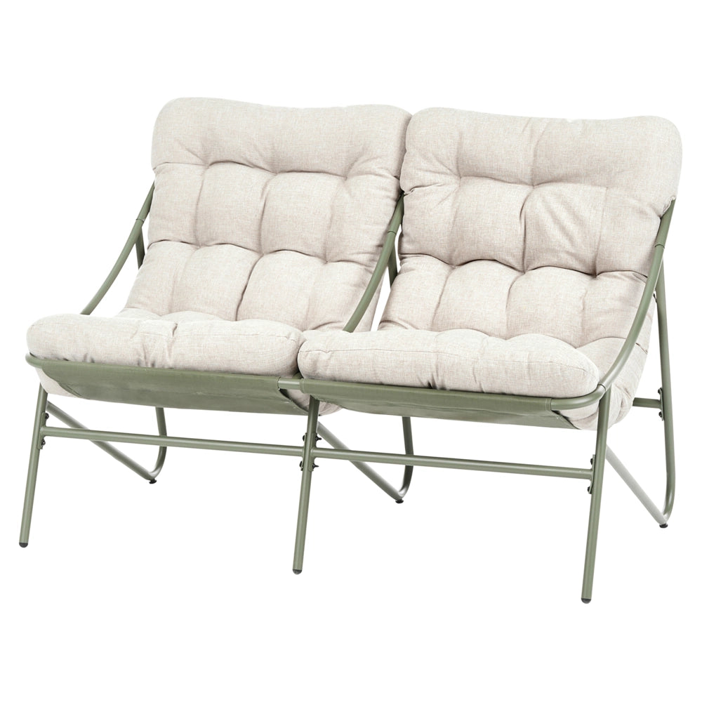 Set da esterno: struttura in acciaio verde e beige, sedute in tessuto divano a due posti con poltrone e tavolino