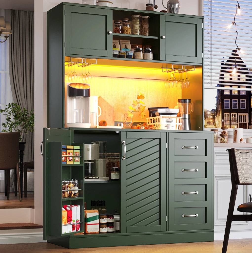 Credenza verde con LED, portabottiglie e 4 ante, 120x40x188 cm
