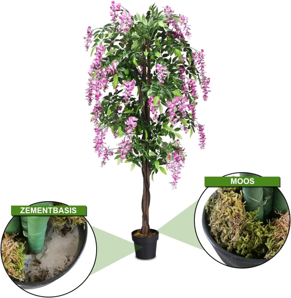 Pianta artificiale Wisteria, albero artificiale con foglie e 2 tronchi, fiori artificiali in vaso, piante decorative, 180 cm