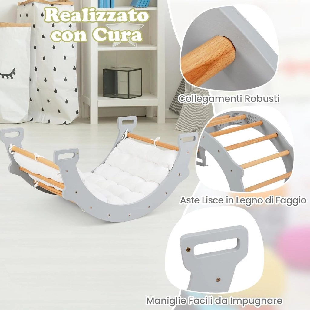 Arco da Arrampicata per Bambini, 2 in 1 Altalena ad Arco in Legno con Cuscino Morbido e Doppia Faccia, Ideale per Bambini 1+ Anni (Grigio)