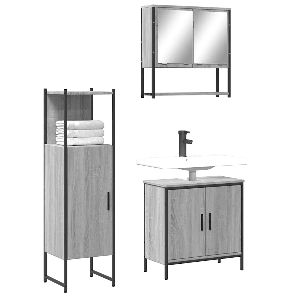 Set Mobili da Bagno | Armadio da bagno 3 pz Grigio Sonoma in Legno Multistrato