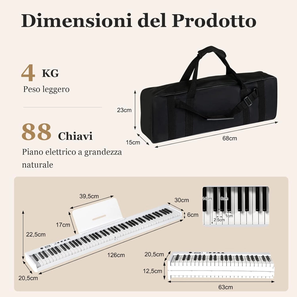 Tastiera Elettronica 88 Tasti Illuminati, Pianoforte Digitale Pieghevole Portatile con Custodia, Sustain Pedali, Modalità di Insegnamento, MP3/USB/MIDI/Bluetooth (Bianco)