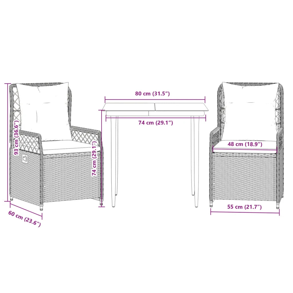 Set da Pranzo da Giardino 3pz | Set Salotto da Giardino con Cuscini in Polyrattan Marrone