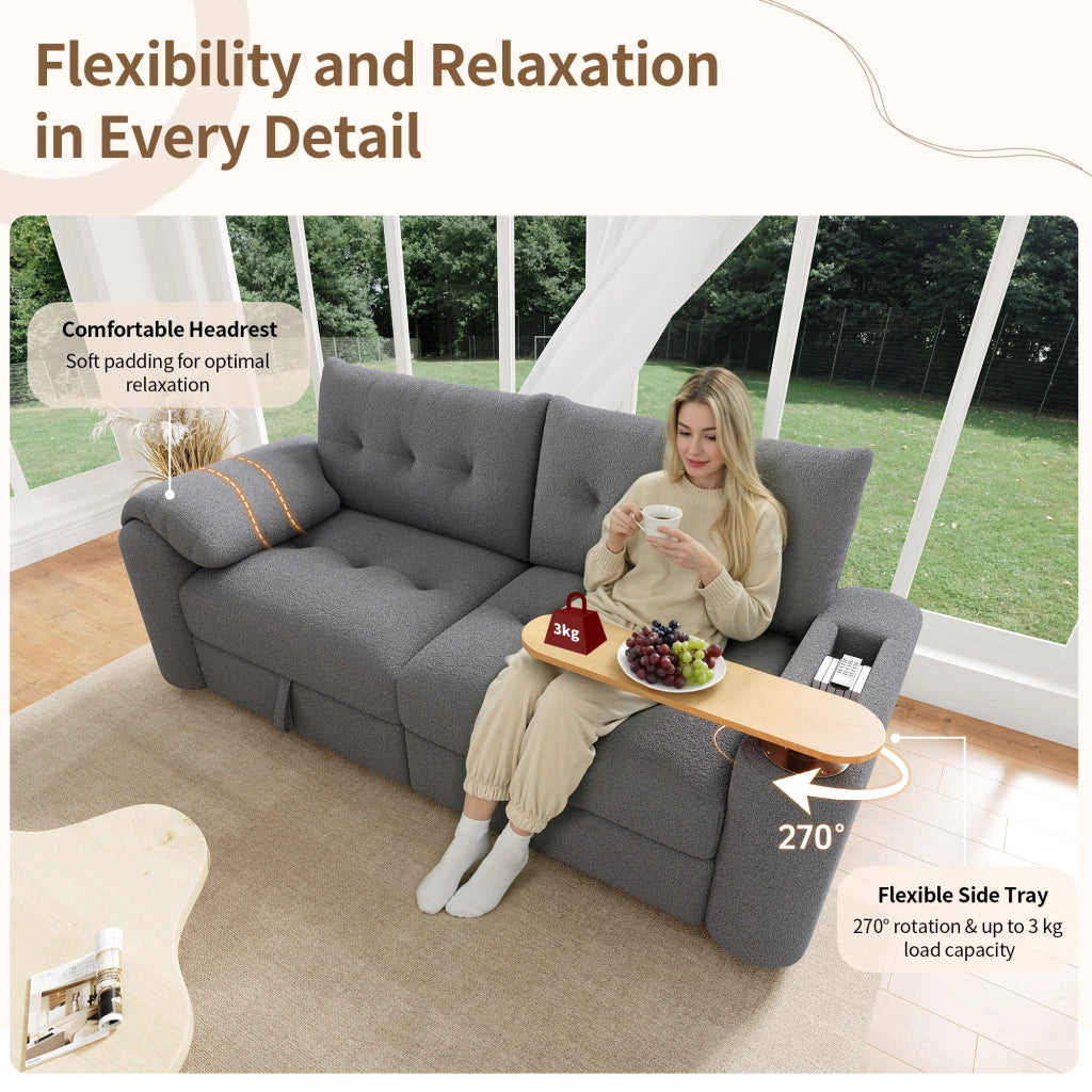 Divano modulare compatto con contenitore poggiatesta e tavolino girevole in teddy grigio 207,5 × 80 × 87 cm