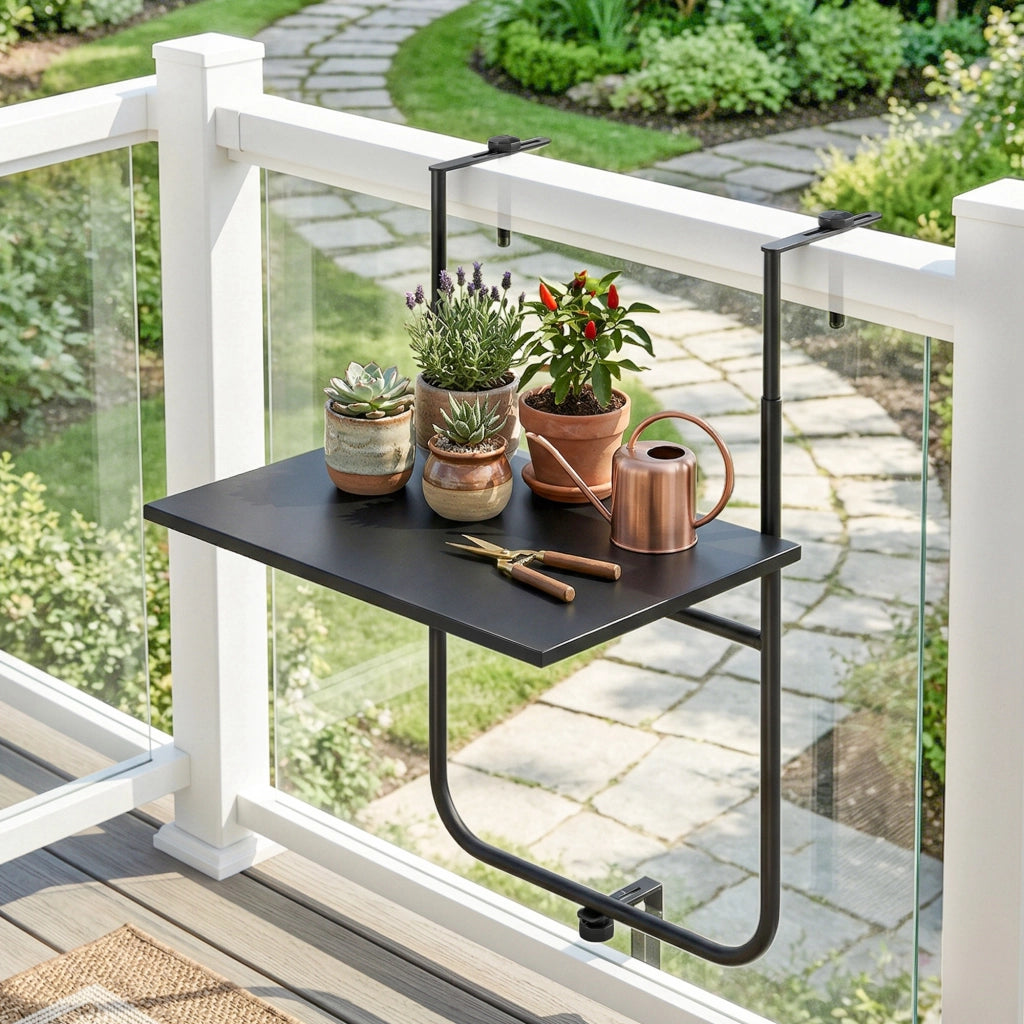 Tavolo da balcone regolabile per ringhiera ¨C zephmum ¨C Nero metallo 62x60x85.5cm