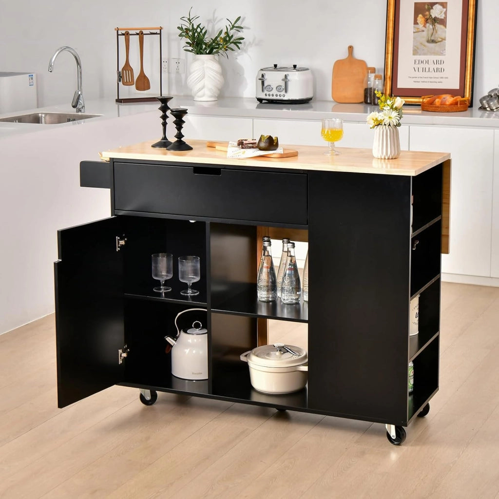 Carrello da Cucina a Isola in Legno, Carrello di Servizio con Piano di Lavoro Estraibile, Mobile da Cucina con Cassetto, Ripiano Regolabile, Carrello da Cucina a Isola (Nero)