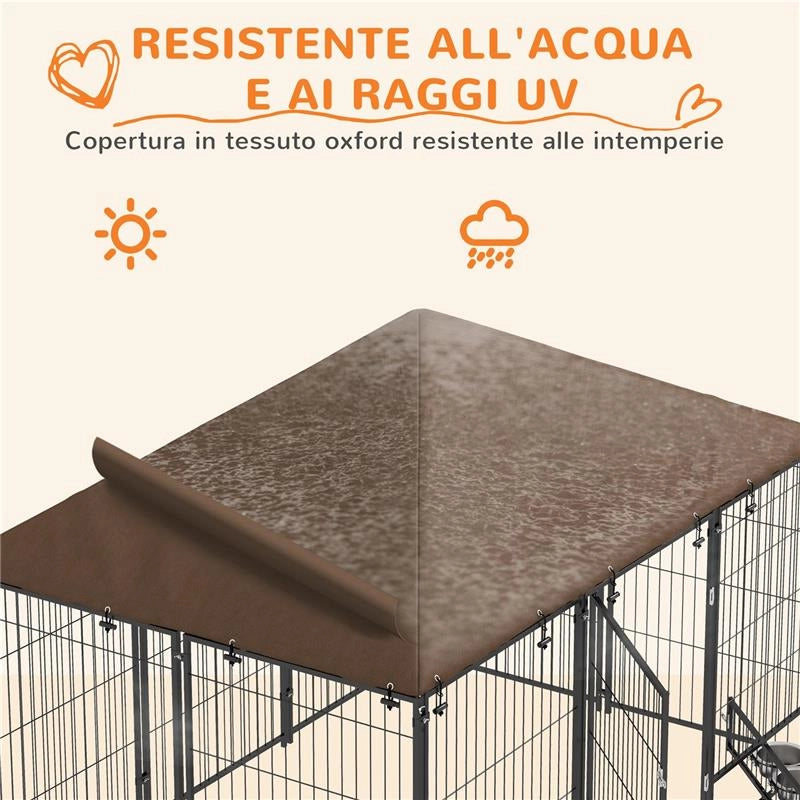 RECINTO PER CANI IN METALLO E TESSUTO OXFORD CON PORTICINA PER CIOTOLE, 211X141X151 CM, NERO E MARRONE