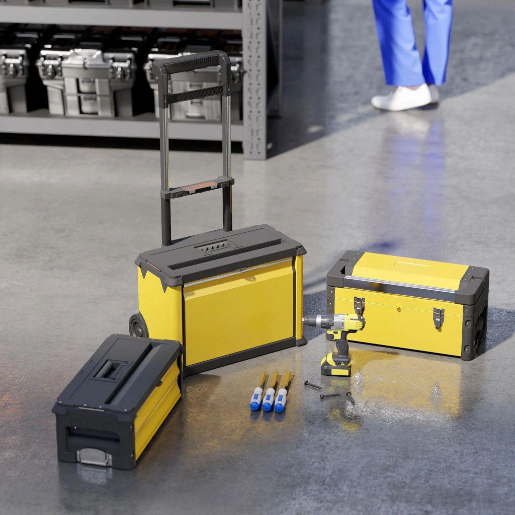 Carrello porta attrezzi 3 pezzi modulare ¨C zephmum ¨C acciaio giallo con ruote e serratura