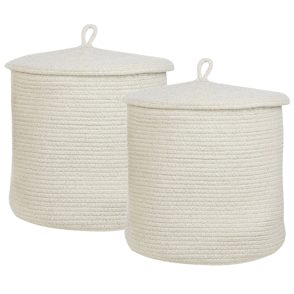 Set di 2 cestini in tessuto di cotone a righe bianco sporco con coperchio Boho Accessori per la conservazione