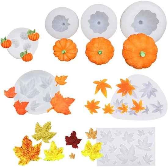 Set di Malli in Silicone per Festa d'Autunno - 7 pezzi, comprensivo di Zucca e Foglia di Quercia - Decorazioni DIY per Halloween e Thanksgiving