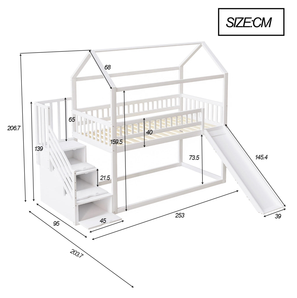 Letto a soppalco 90x200 cm con scivolo e scala contenitore in legno; metallo; compensato e MDF bianco