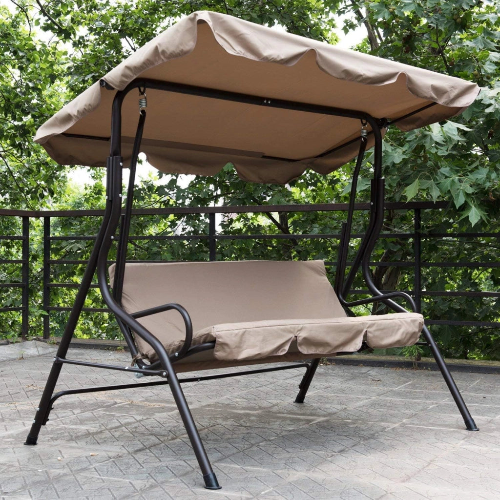 Dondolo da Giardino 3 Posti Altalena per Esterno Acciaio con Tettuccio Beige