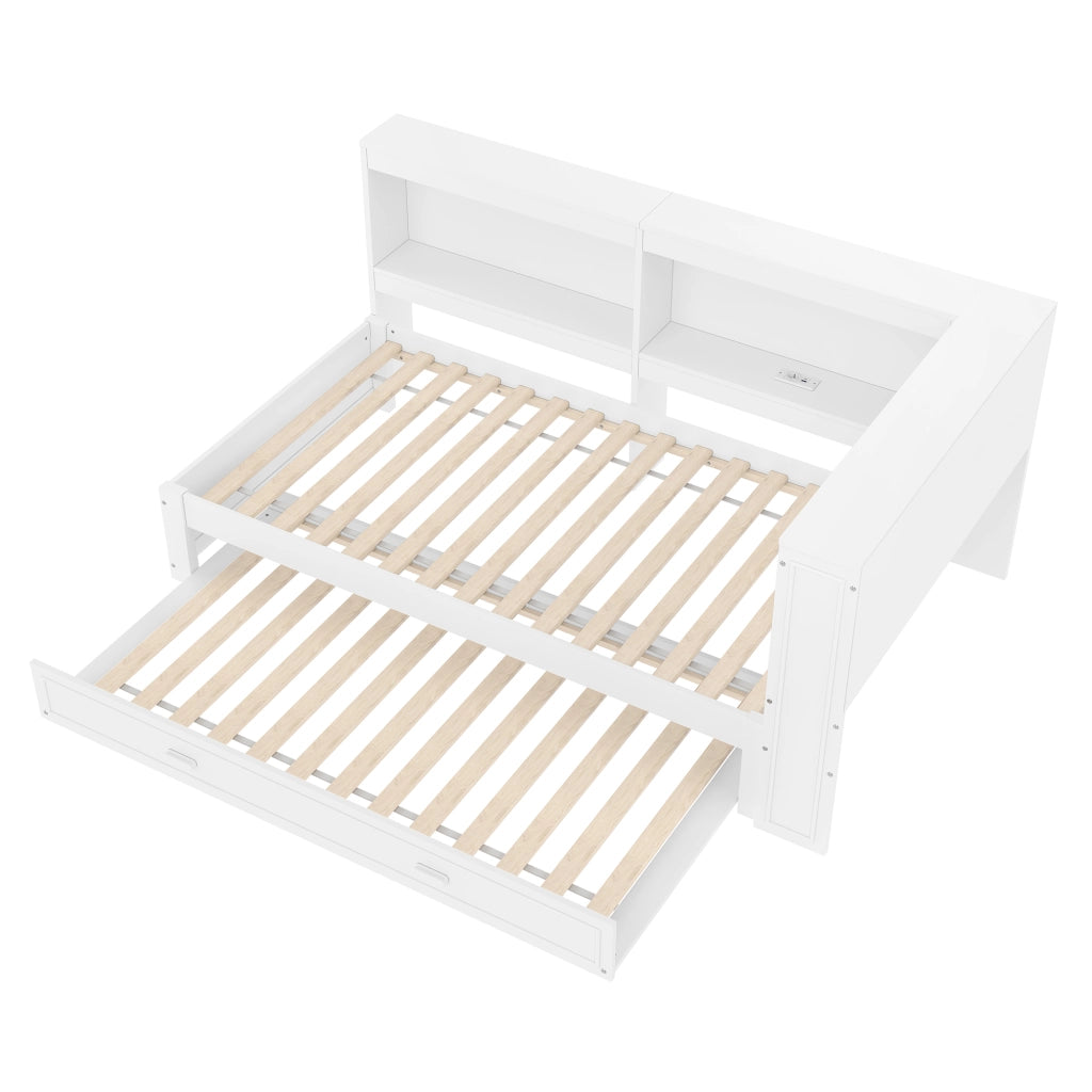 Letto estraibile singolo 90×200 cm con LED; presa; USB; Type-C e ripiani; senza materasso; bianco
