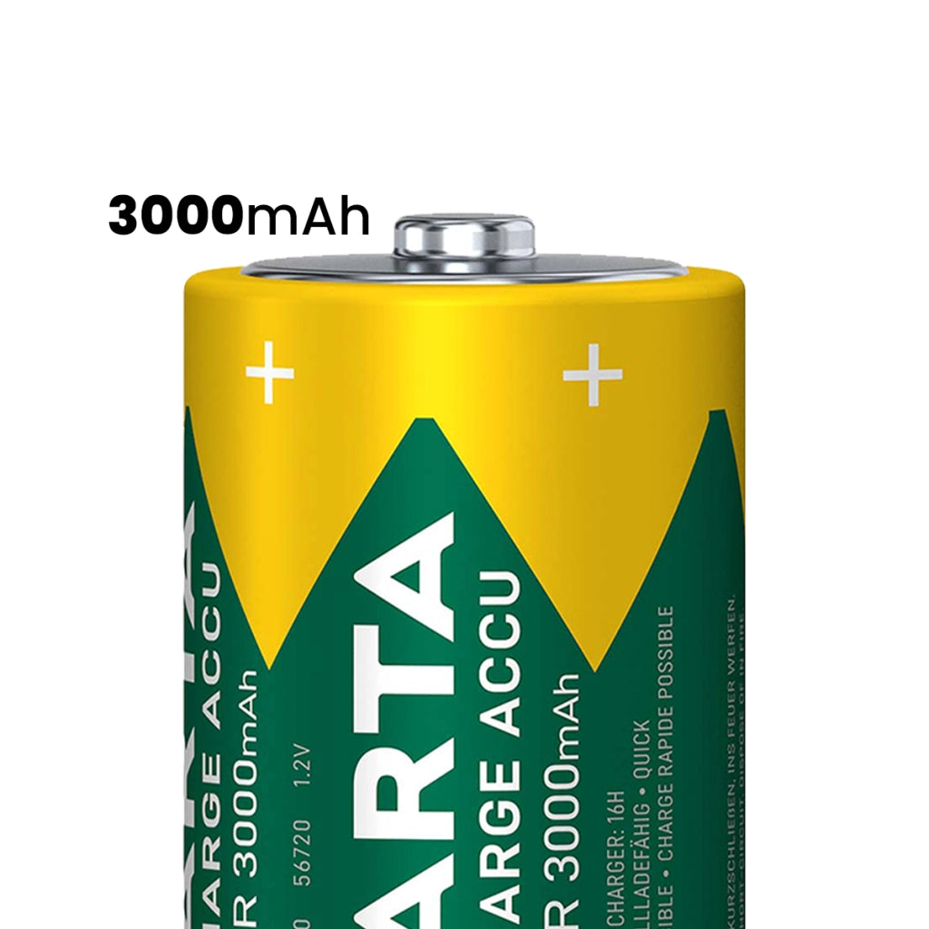 Set di 2 Batterie D 1.2 V Ricaricabili con Tecnologia NiMH e Capacità 3000 mAh Verde Varta